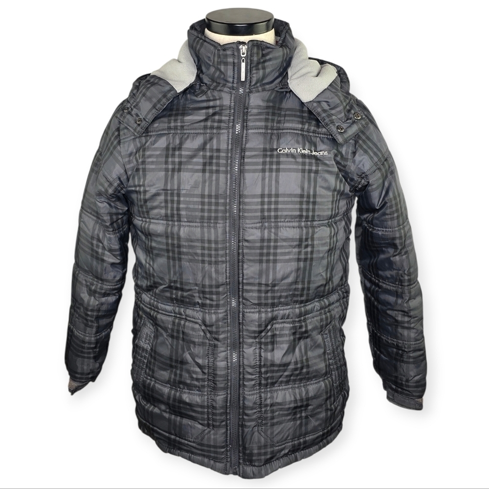 Calvin Klein Boys Gray Plaid Puffer Jacket Hooded Fleece Lined L 14-16